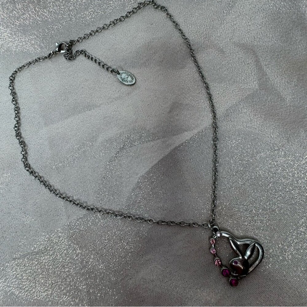 Playboy bunny necklace pink jewel diamonds silver chain link 1953 rabbit head - Picture 7 of 11